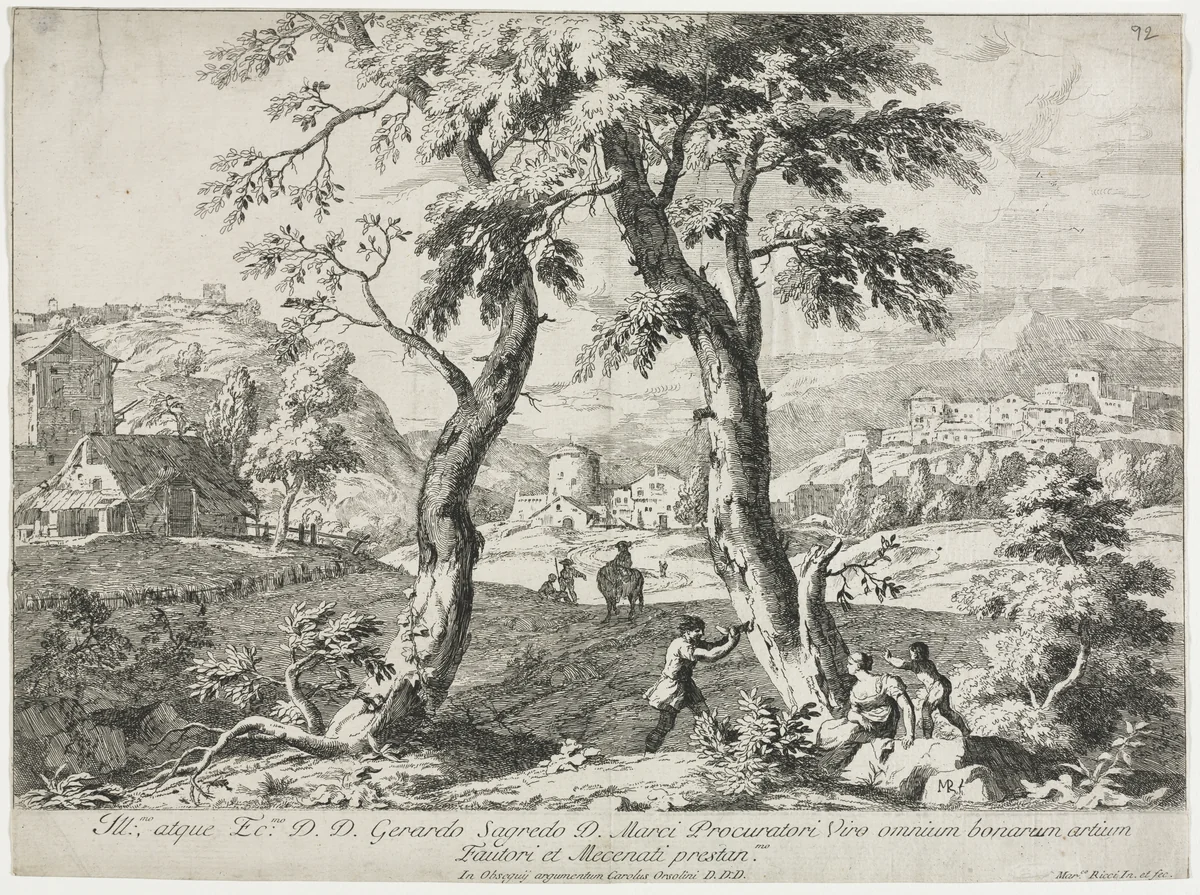 View of a Village with Figures in the Foreground by Marco Ricci, print, 1723