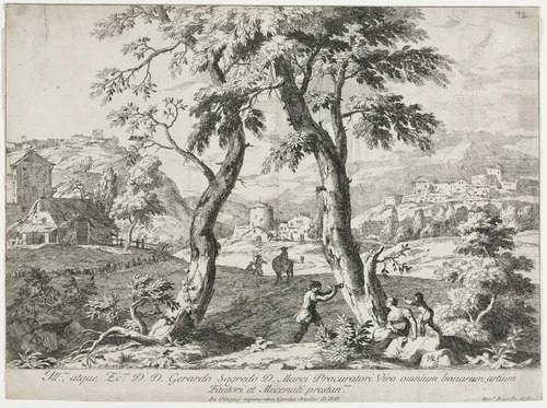 View of a Village with Figures in the Foreground by Marco Ricci, print, 1723