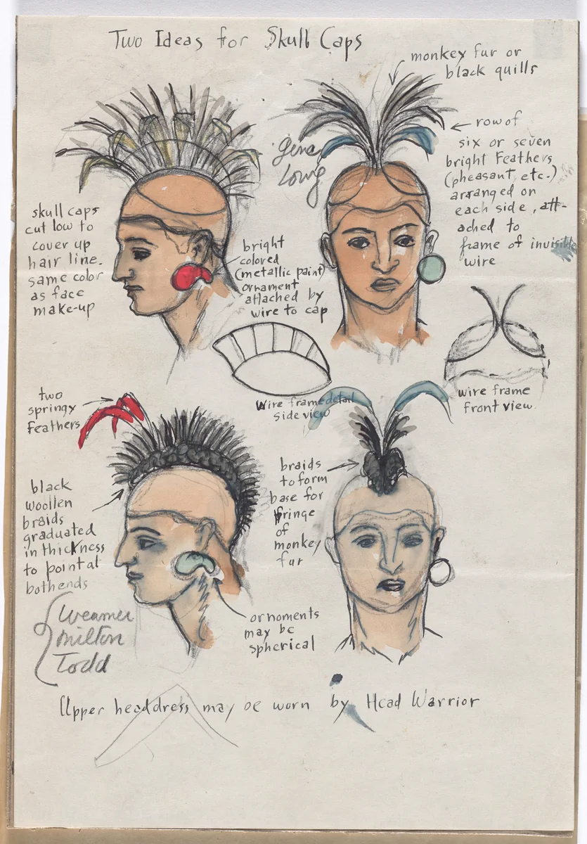 Two Ideas for Skull Caps. Costume design for the ballet Pocahontas by Karl Free, drawing, 1936