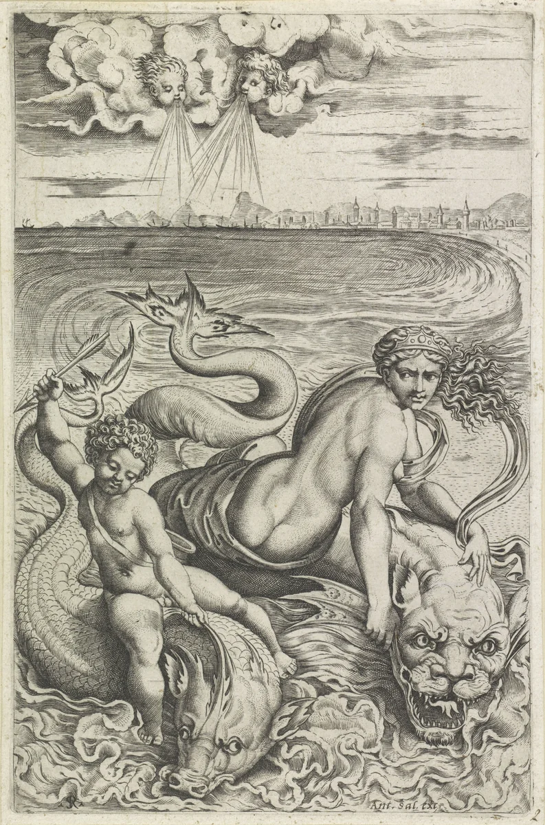 Venus en Amor op dolfijnen by Unknown, print, 1517-1562