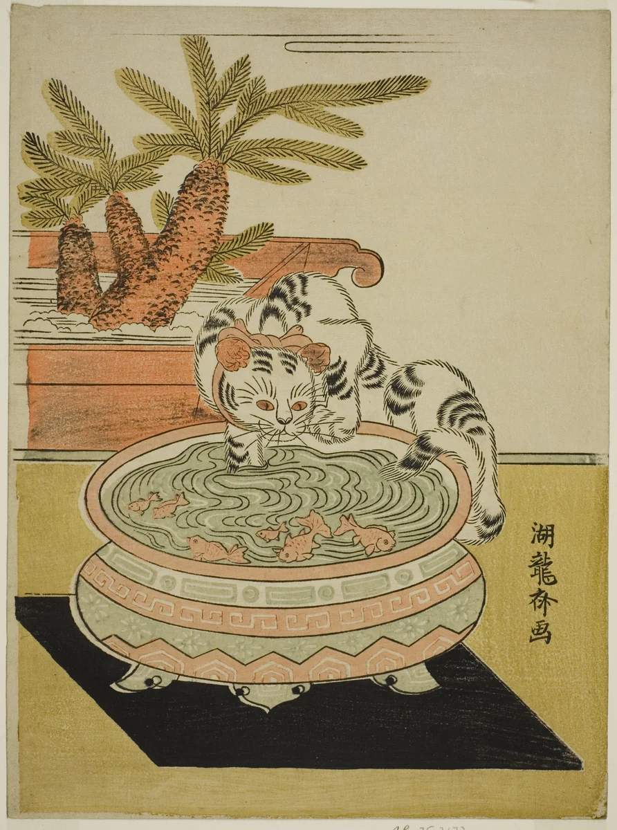Cat Pawing at Goldfish by Isoda Koryusai, print, 1770-1774