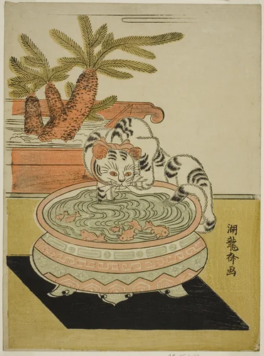 Cat Pawing at Goldfish by Isoda Koryusai, print, 1770-1774