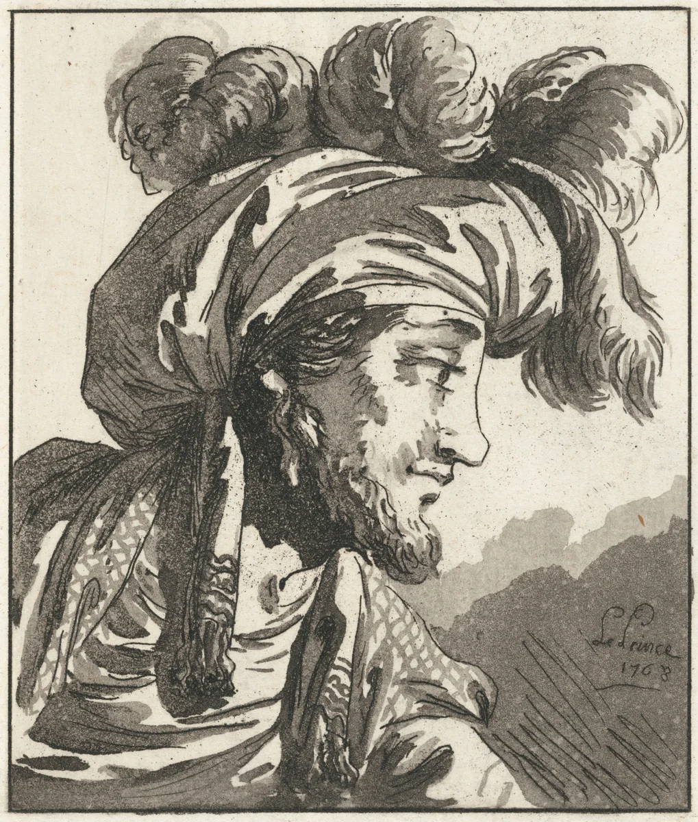Head of a Turbaned Man without a Moustache by Jean Baptiste Le Prince, print, 1768