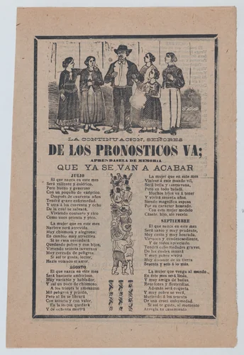 Broadsheet with monthly horoscopes; a group of women surrounding one man and a crowd of people raising their arms by José Guadalupe Posada, print, 1903