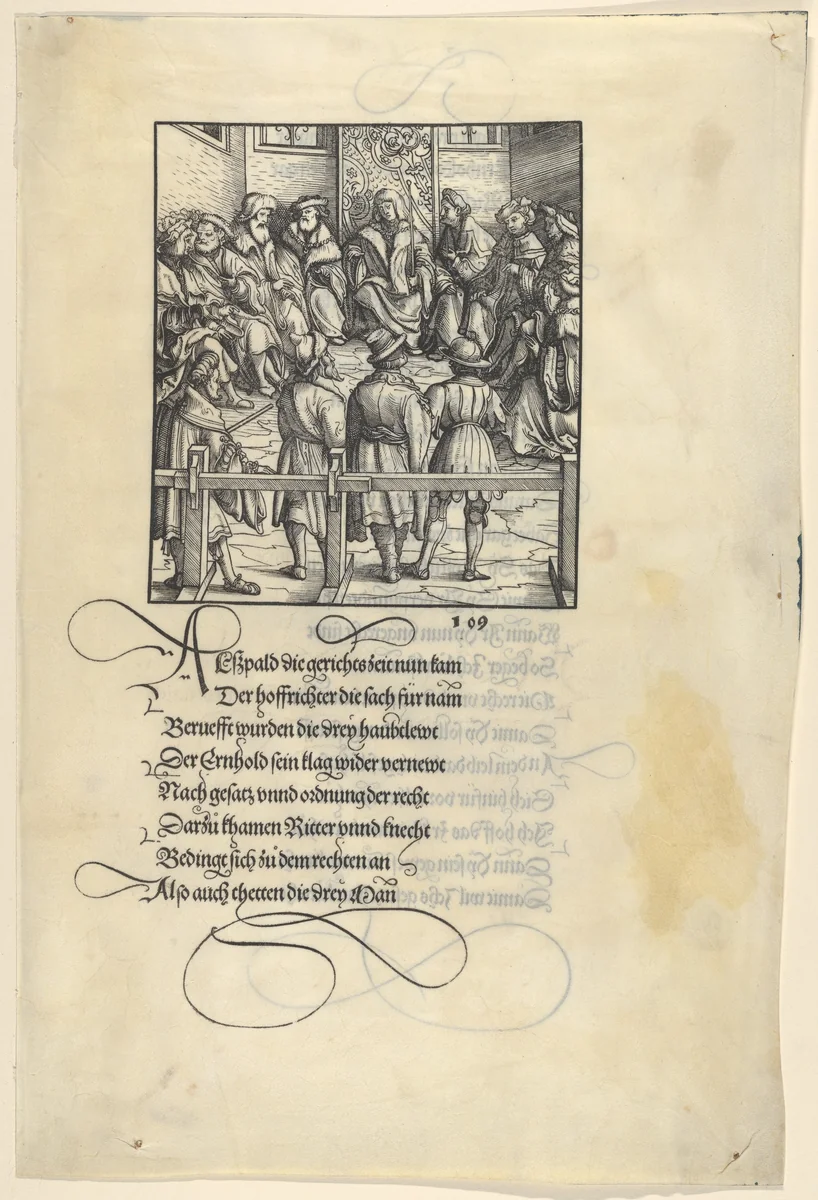 Three Captains Brought Up for Judgment, from [Theuerdank] Die geuerlicheiten vnd einsteils der geschichten des loblichen streytparen vnd hochberümbten helds vnd Ritters herr Tewrdannckhs by Hans Burgkmair, print, 1517
