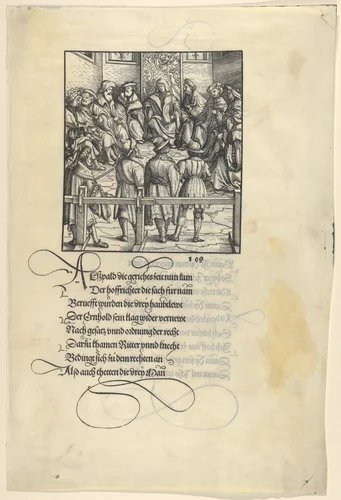Three Captains Brought Up for Judgment, from [Theuerdank] Die geuerlicheiten vnd einsteils der geschichten des loblichen streytparen vnd hochberümbten helds vnd Ritters herr Tewrdannckhs by Hans Burgkmair, print, 1517