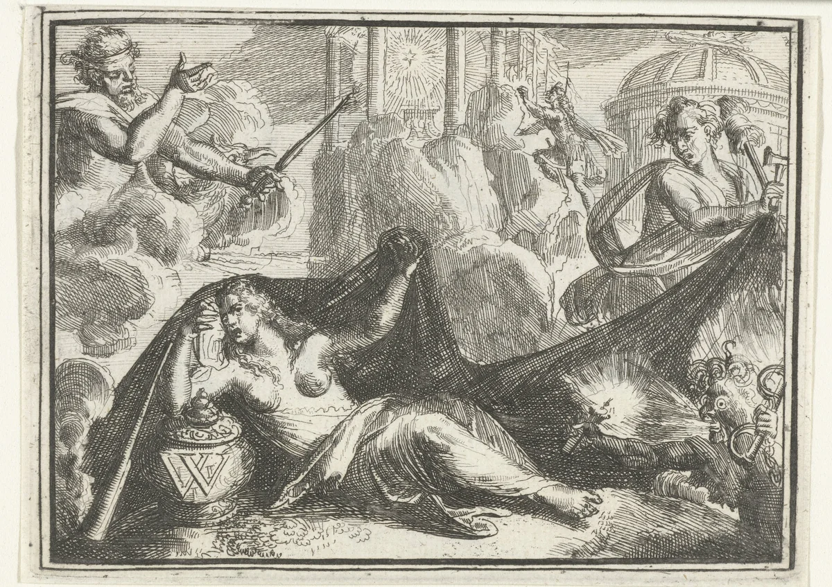 Esopus in Europa: Europa in rouw by Romeyn de Hooghe, print, 1702
