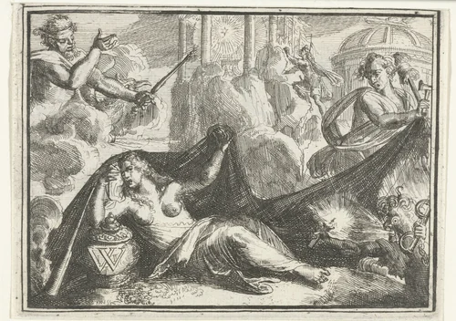 Esopus in Europa: Europa in rouw by Romeyn de Hooghe, print, 1702