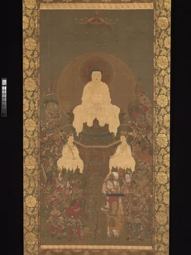 Shaka (Shakyamuni), the Historical Buddha, with Two Attendant Bodhisattvas and Sixteen Benevolent Deities by Unidentified Artist, painting, 1367-1392