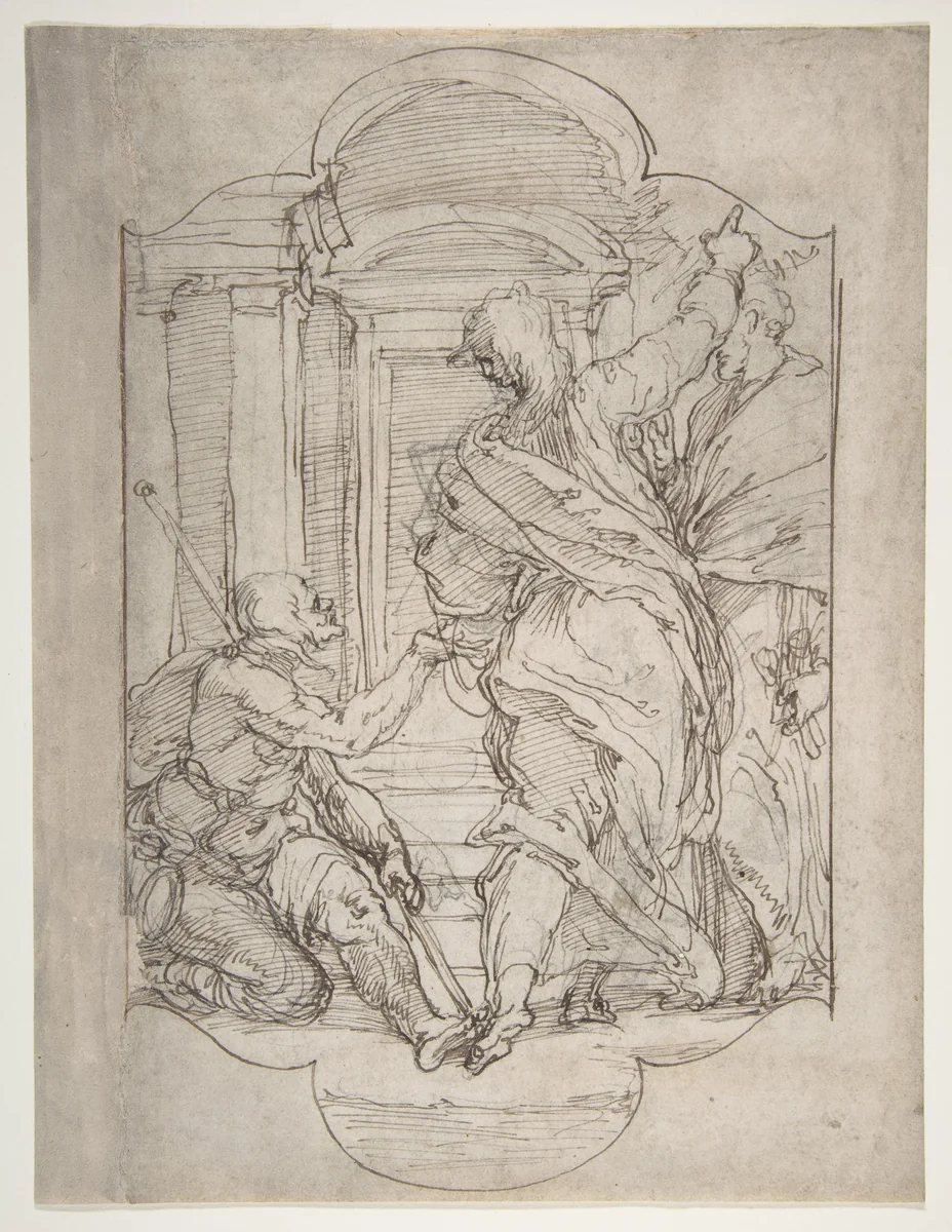 Saint Peter and Saint John Healing a Cripple at the Gate of the Temple by Perino del Vaga, drawing, 1534-1547
