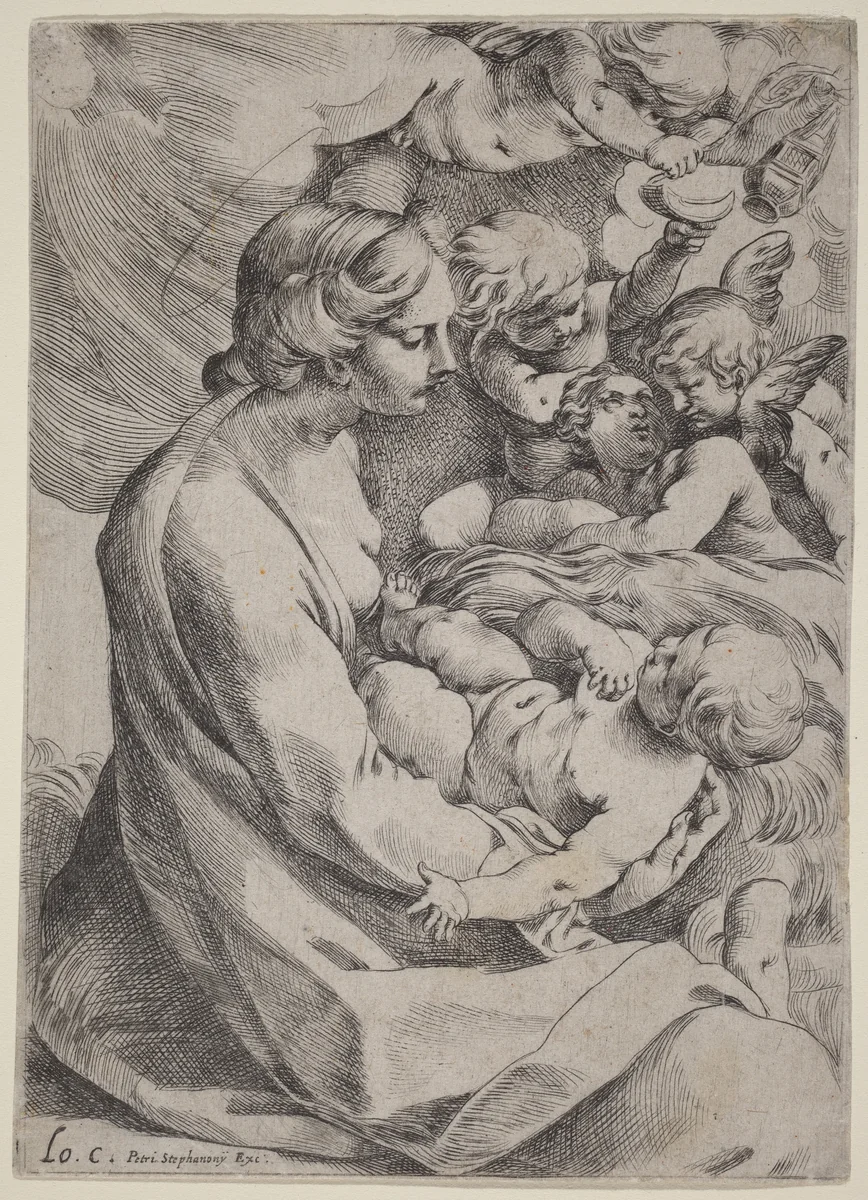 Madonna and Child with Angels by Lodovico Carracci, print, 1555-1619