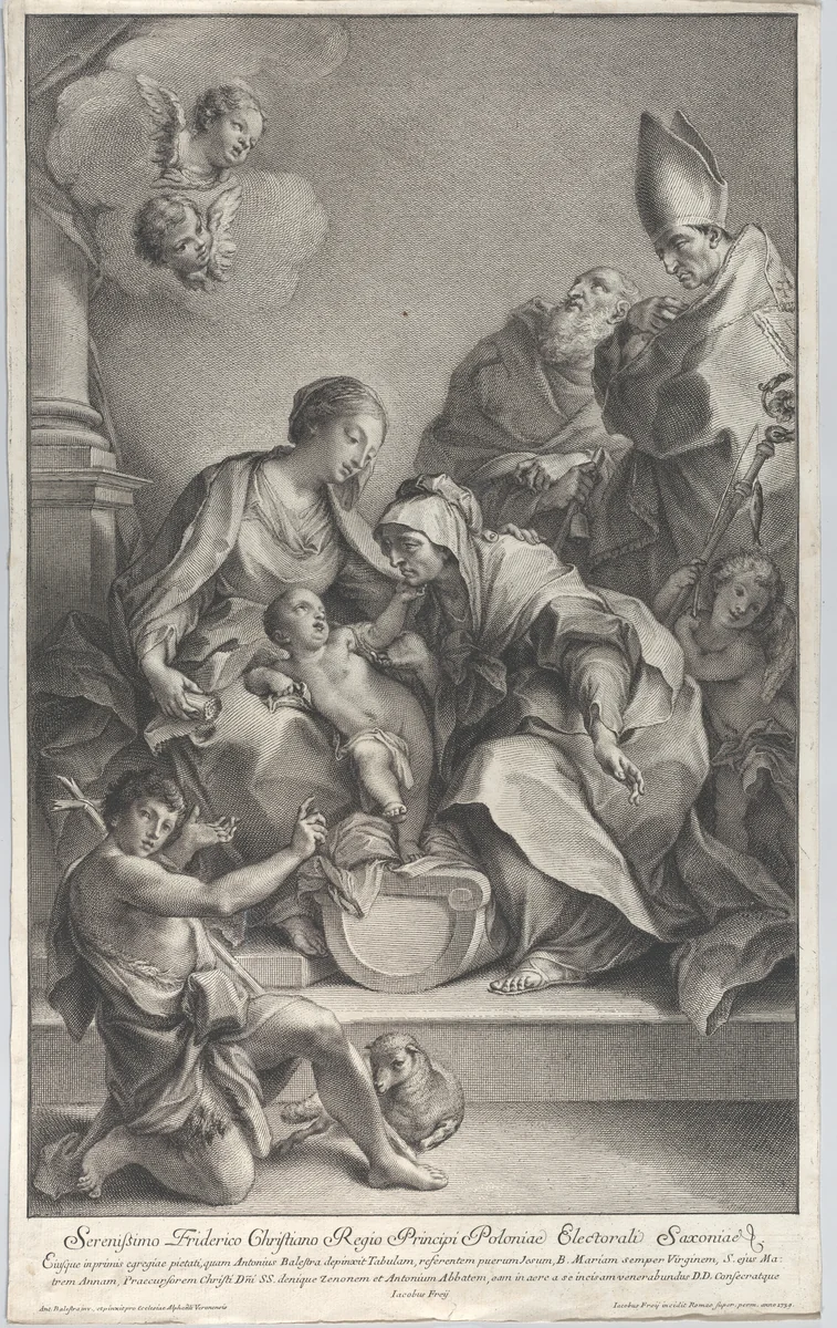 The Virgin and Child with Saints Anne, John the Baptist, Zeno, and Anthony by Johann Jakob Frey, print, 1739