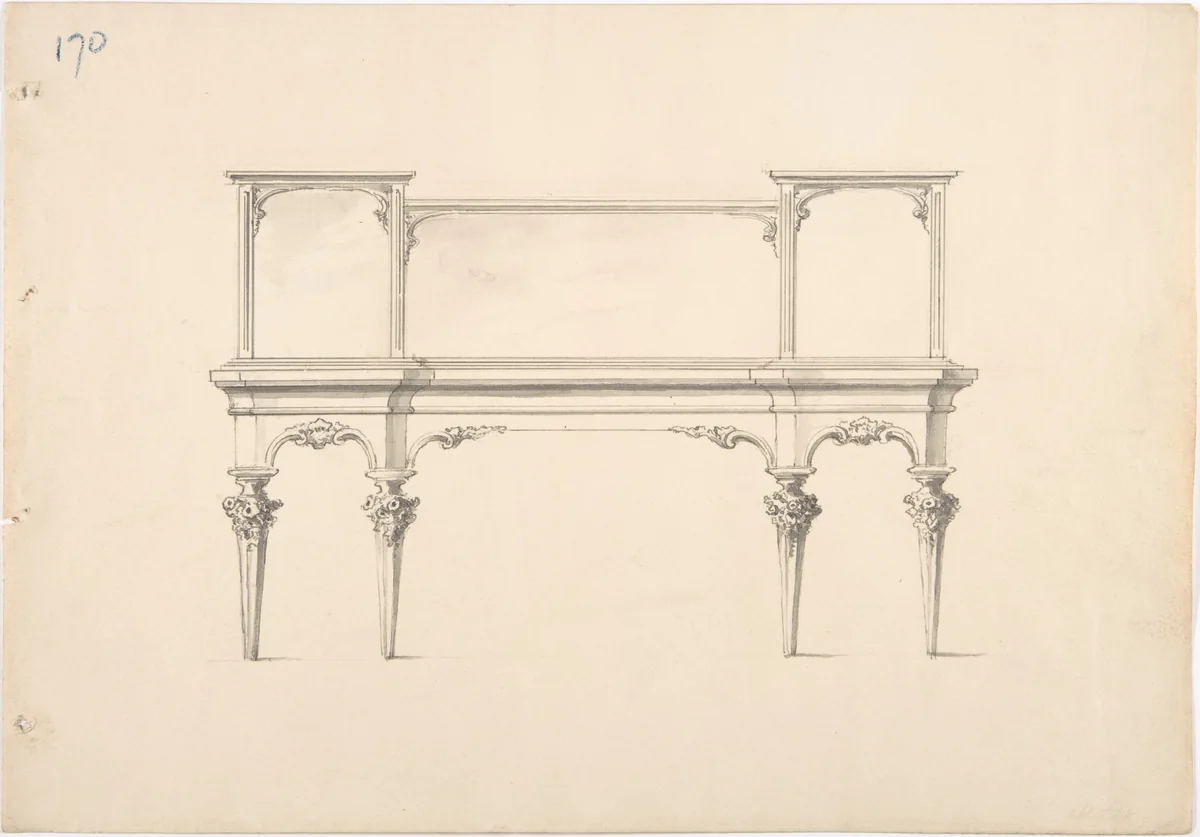 Design for a Mirrored Sideboard with Pointed Legs and Floral Ornament by anonymous, drawing, 1800-1850