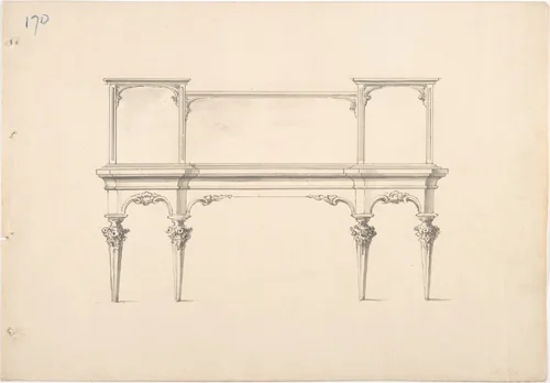 Design for a Mirrored Sideboard with Pointed Legs and Floral Ornament by anonymous, drawing, 1800-1850
