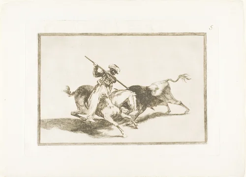 The Spirited Moor Gazul is the First to Spear Bulls According to Rules, plate five from The Art of Bullfighting by Francisco José de Goya, print, 1814-1816