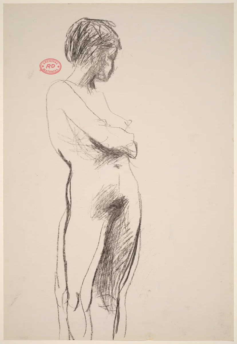 Untitled [standing female nude crossed arms and turning away] by Richard Diebenkorn, drawing, 1955-1967
