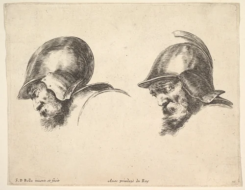 Two heads of old soldiers wearing helmets, both facing left and looking downwards, plate 10 from "The Principles of Design" (I principii del disegno) by Stefano della Bella, print, 1640-1650