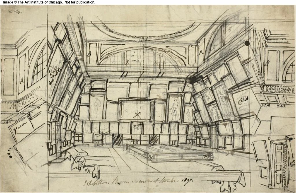 Study for Exhibition Room, Somerset House, from Microcosm of London by Augustus Charles Pugin, drawing, 1807-1808