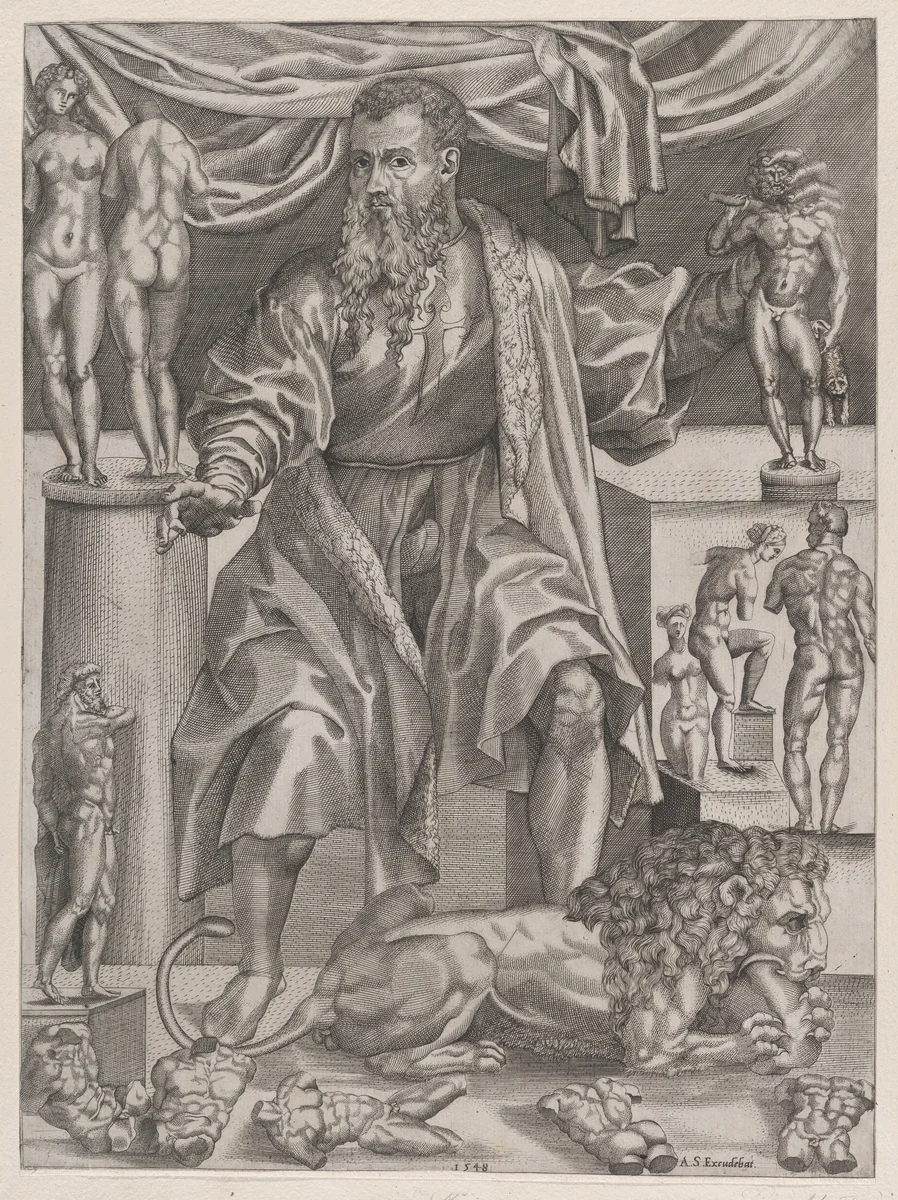 Portrait of Baccio Bandinelli with Lion by anonymous, print, 1548