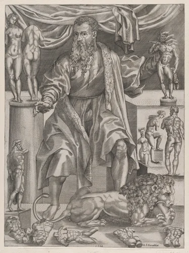 Portrait of Baccio Bandinelli with Lion by anonymous, print, 1548
