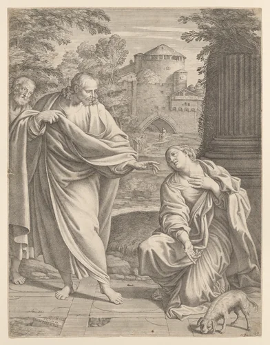 Christ and the woman of Canaan by Pietro del Po, print, 1645-1695