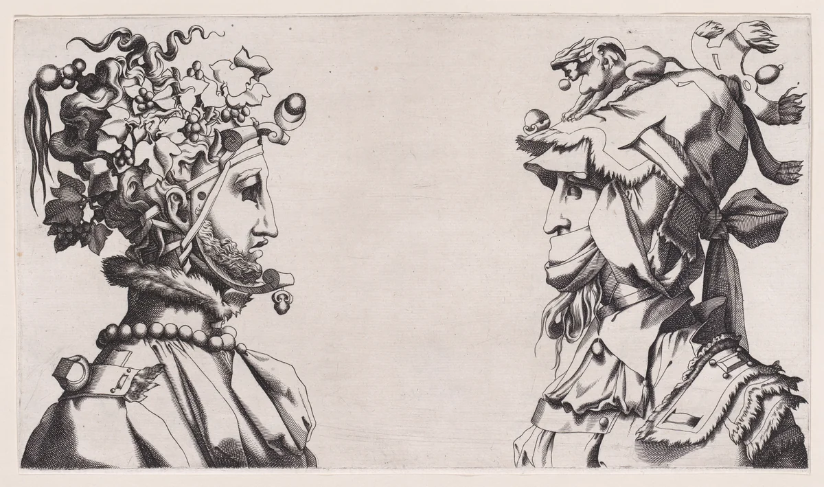 Fantastical Masked Masculine Heads by anonymous, print, 1545-1555