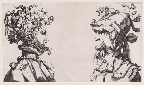 Fantastical Masked Masculine Heads by anonymous, print, 1545-1555