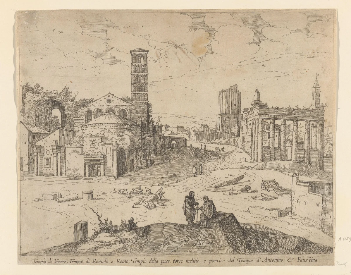 Gezicht op het Forum Romanum by Guilliam van Nieulandt, print, 1604-1635