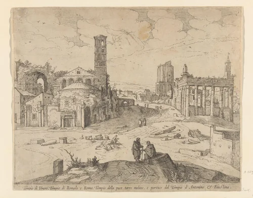 Gezicht op het Forum Romanum by Guilliam van Nieulandt, print, 1604-1635