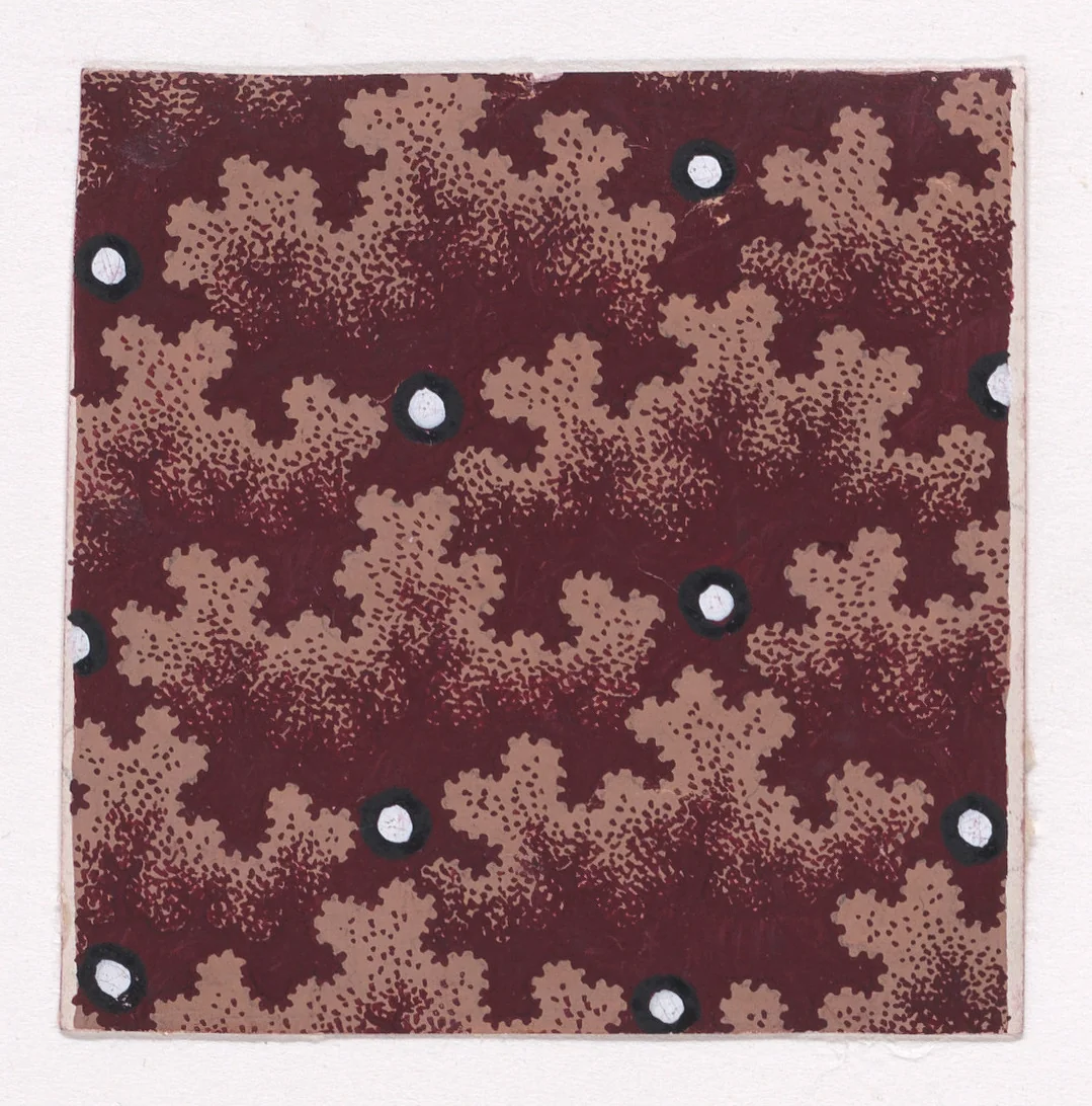 Textile Design with Alternating Vertical and Horizontal Rows of Pearls Over a Background of Alternating Horizontal Garlands of Abstract Bushes by anonymous, drawing, 1840