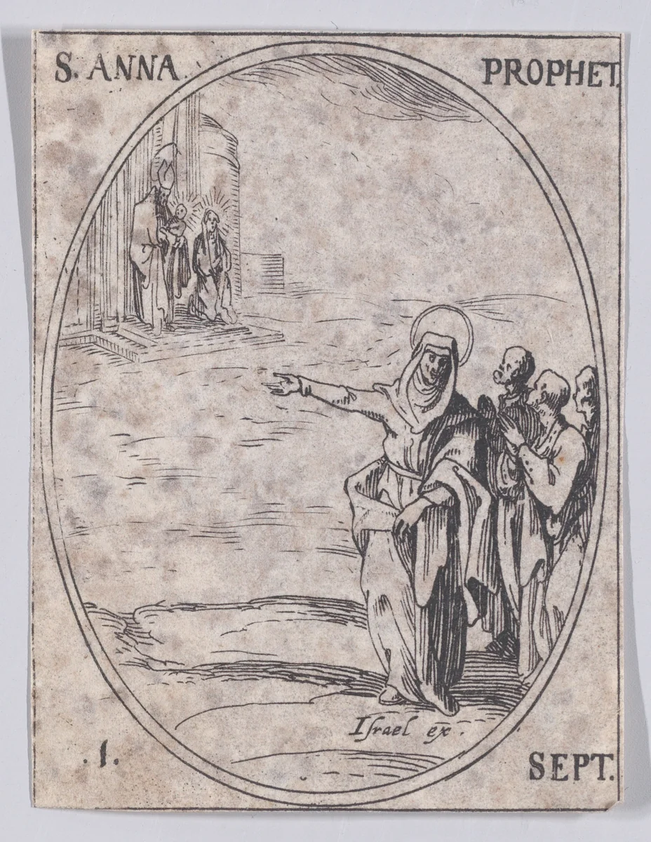 S. Anne, prophétesse (St. Anna, Prophetess), September 1st, from "Les Images De Tous Les Saincts et Saintes de L'Année" (Images of All of the Saints and Religious Events of the Year) by Jacques Callot, print, 1636