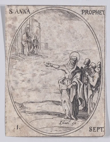 S. Anne, prophétesse (St. Anna, Prophetess), September 1st, from "Les Images De Tous Les Saincts et Saintes de L'Année" (Images of All of the Saints and Religious Events of the Year) by Jacques Callot, print, 1636