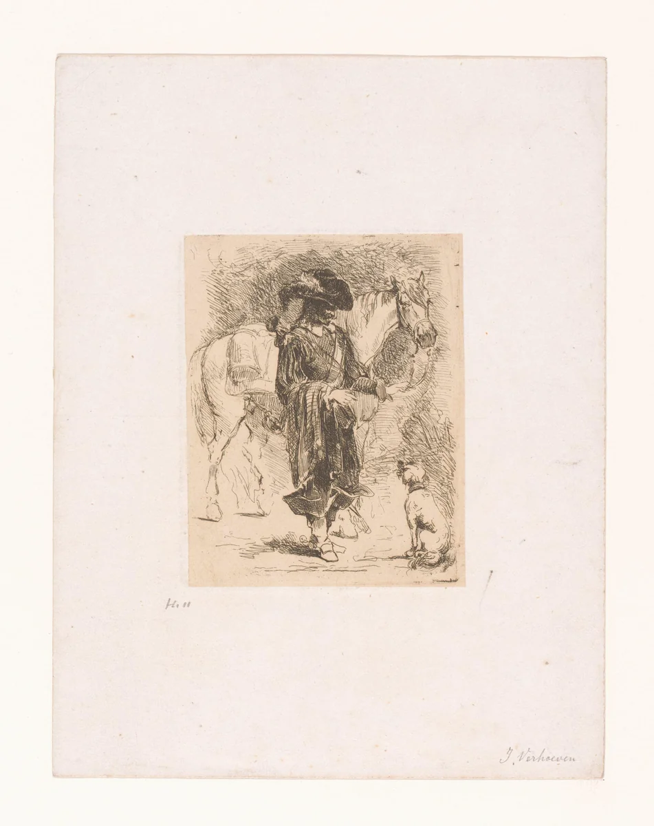 Ruiter en een hond by Adrien Joseph Verhoeven-Ball, print, 1834-1882