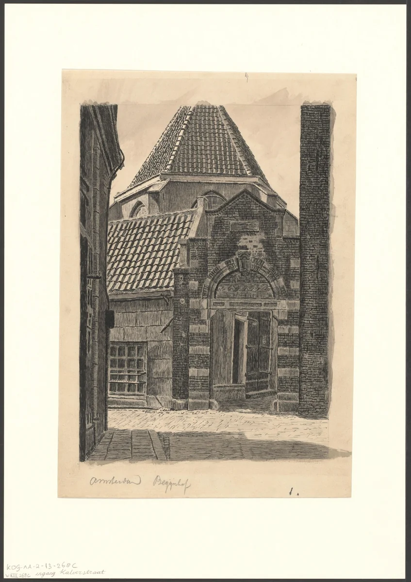 Gezicht op de ingang van het Begijnhof vanaf de Begijnensteeg by anonymous, drawing, 1850-1950
