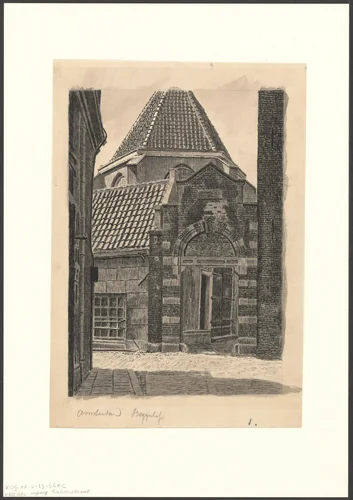 Gezicht op de ingang van het Begijnhof vanaf de Begijnensteeg by anonymous, drawing, 1850-1950