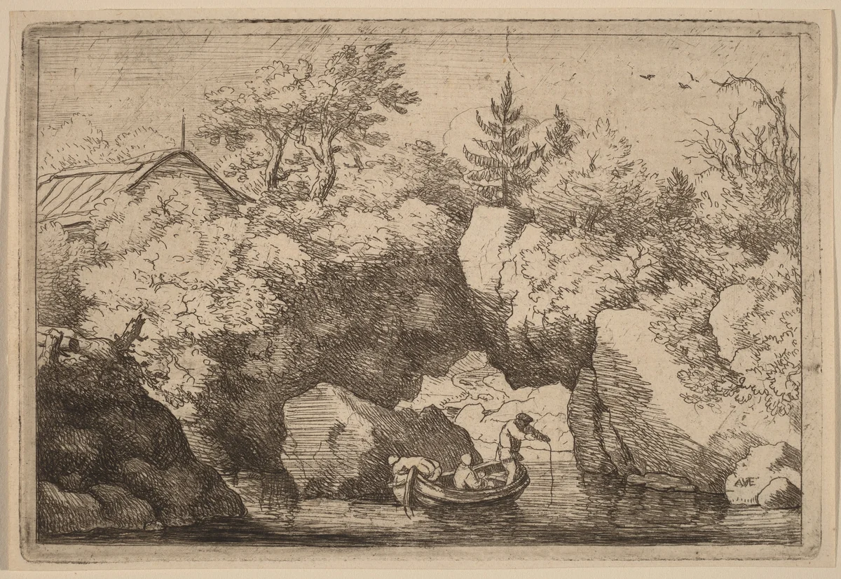 Skiff under a Cleft Rock by Allart van Everdingen, print, 1645-1656