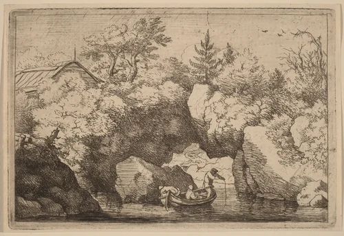 Skiff under a Cleft Rock by Allart van Everdingen, print, 1645-1656