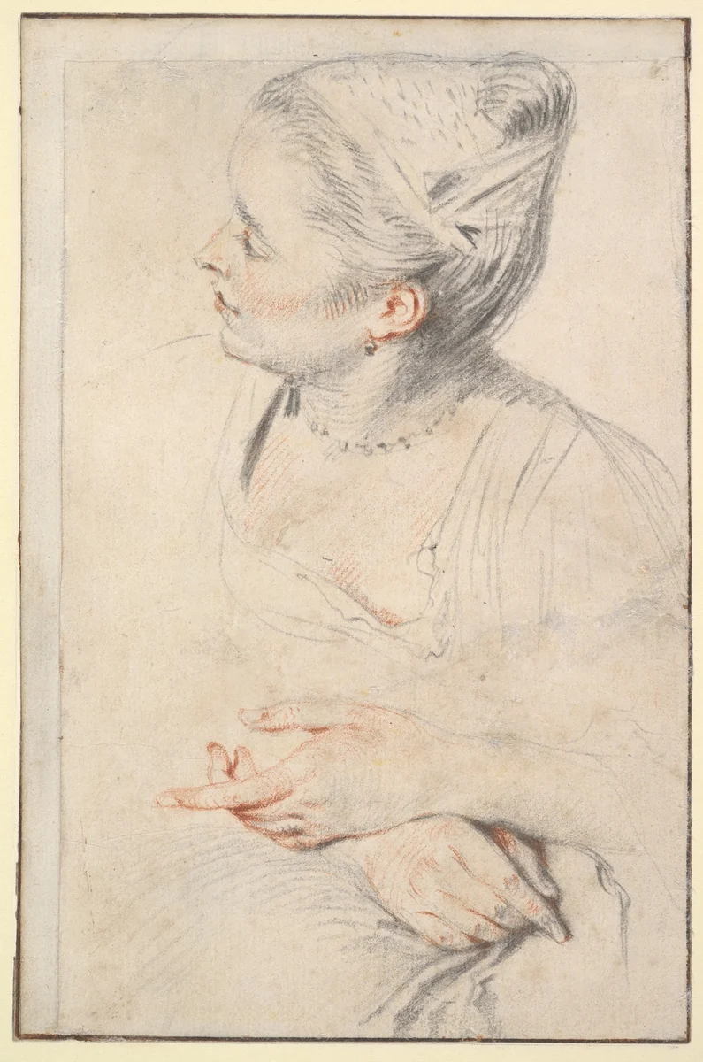 Study of a Woman's Head and Hands by Antoine Watteau, drawing, 1712-1722