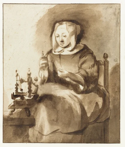 Woman spinning by Gerbrand van den Eeckhout, drawing, 1653-1657