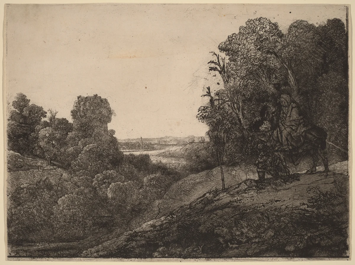 The Flight into Egypt: Altered from Seghers by Rembrandt van Rijn; Hercules Seghers, print, 1653