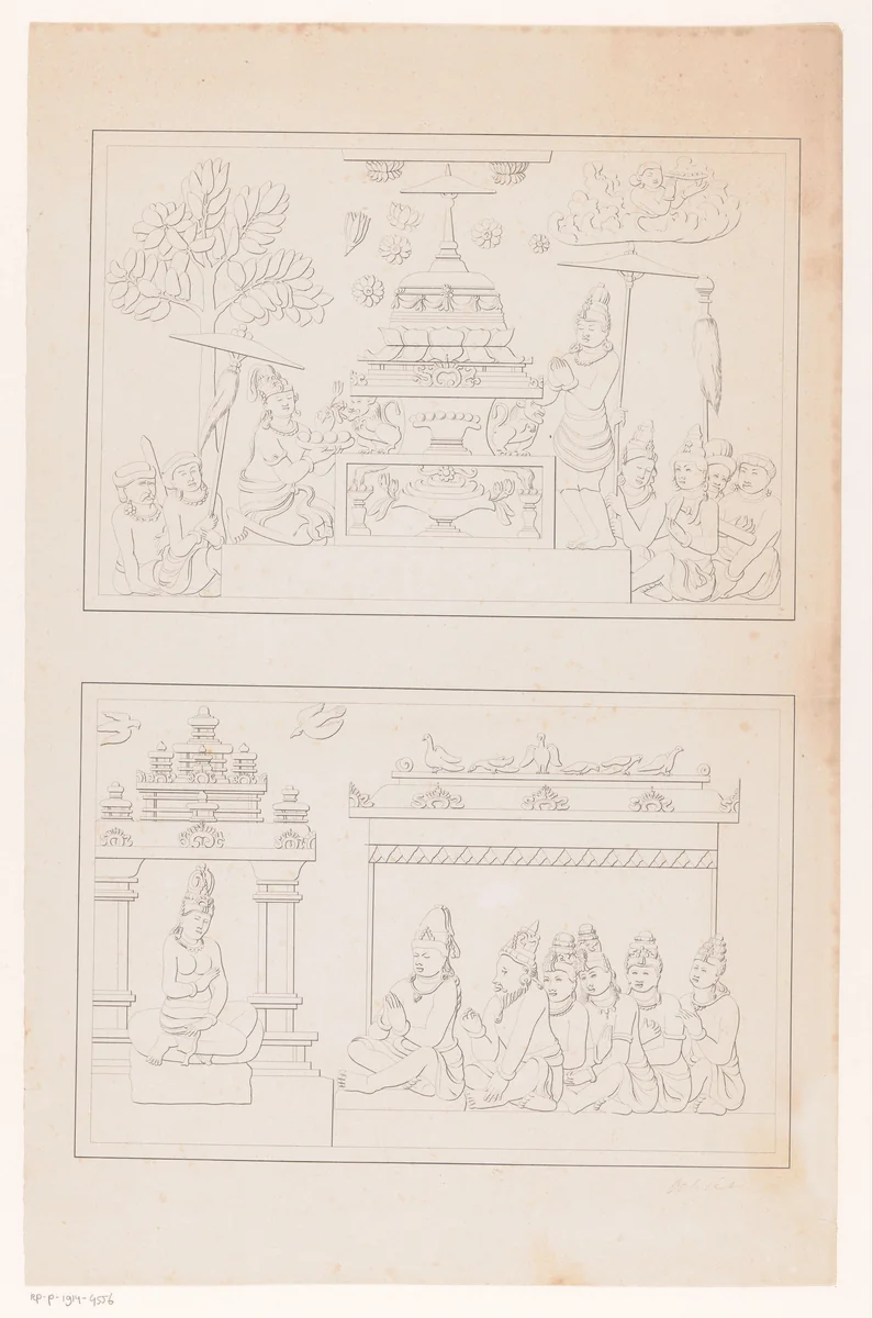 Reliëf met Boeddhistische goden, mogelijk van de tempel Candi Mendut by Andries Wiemans, print, 1836-1858