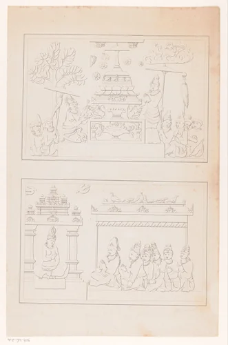 Reliëf met Boeddhistische goden, mogelijk van de tempel Candi Mendut by Andries Wiemans, print, 1836-1858