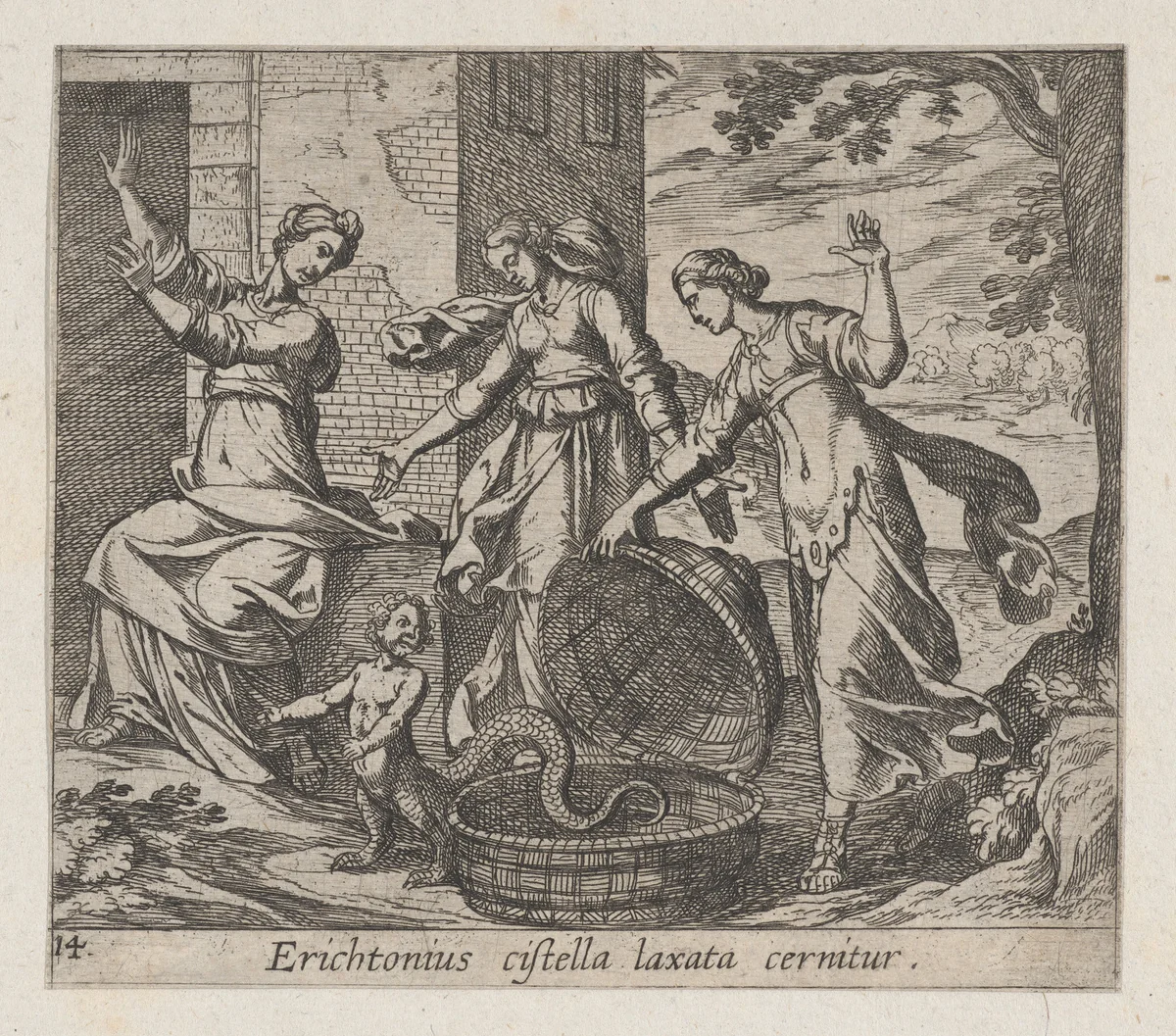 Plate 14: Erichthonius Released from his Basket (Erichtonius cistella laxata cernitur), from Ovid's 'Metamorphoses' by Antonio Tempesta, print, 1606