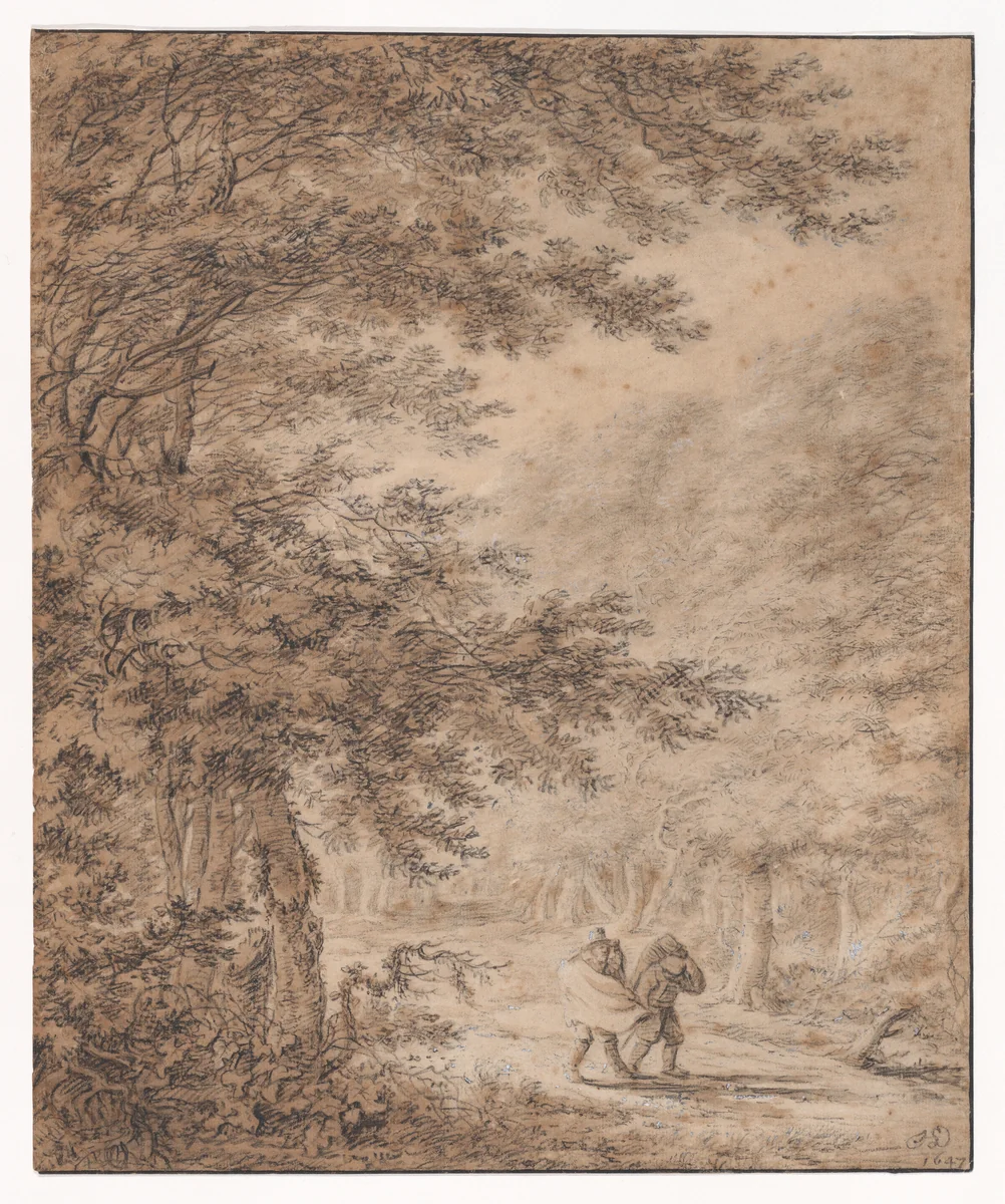 Travelers in a Forest by Herman Saftleven II, drawing, 1647