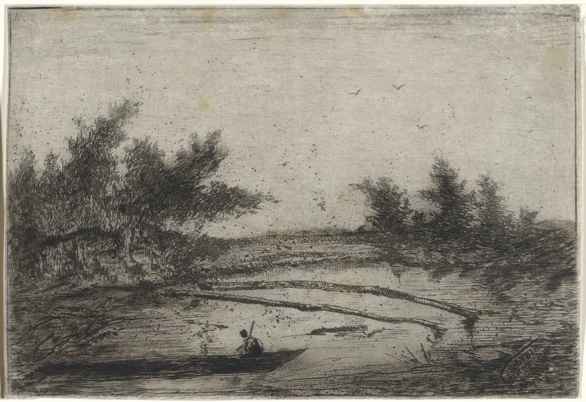Klein meer met boot en twee versperringen by Arnoud Schaepkens, print, 1831-1904
