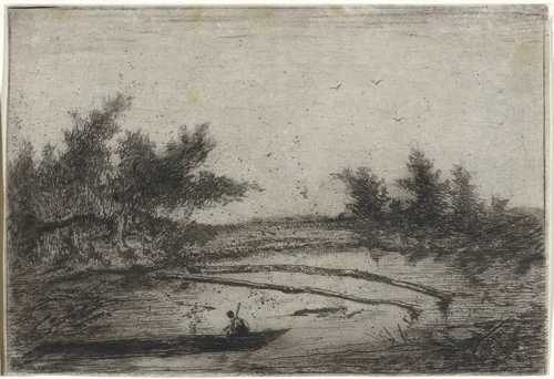 Klein meer met boot en twee versperringen by Arnoud Schaepkens, print, 1831-1904