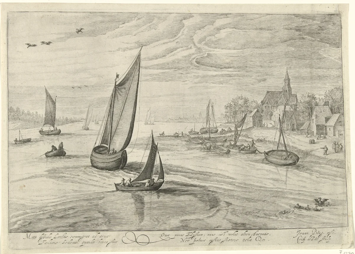 Dorpsgezicht aan het water by Unknown, print, 1580-1588