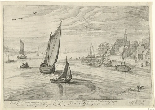Dorpsgezicht aan het water by Unknown, print, 1580-1588