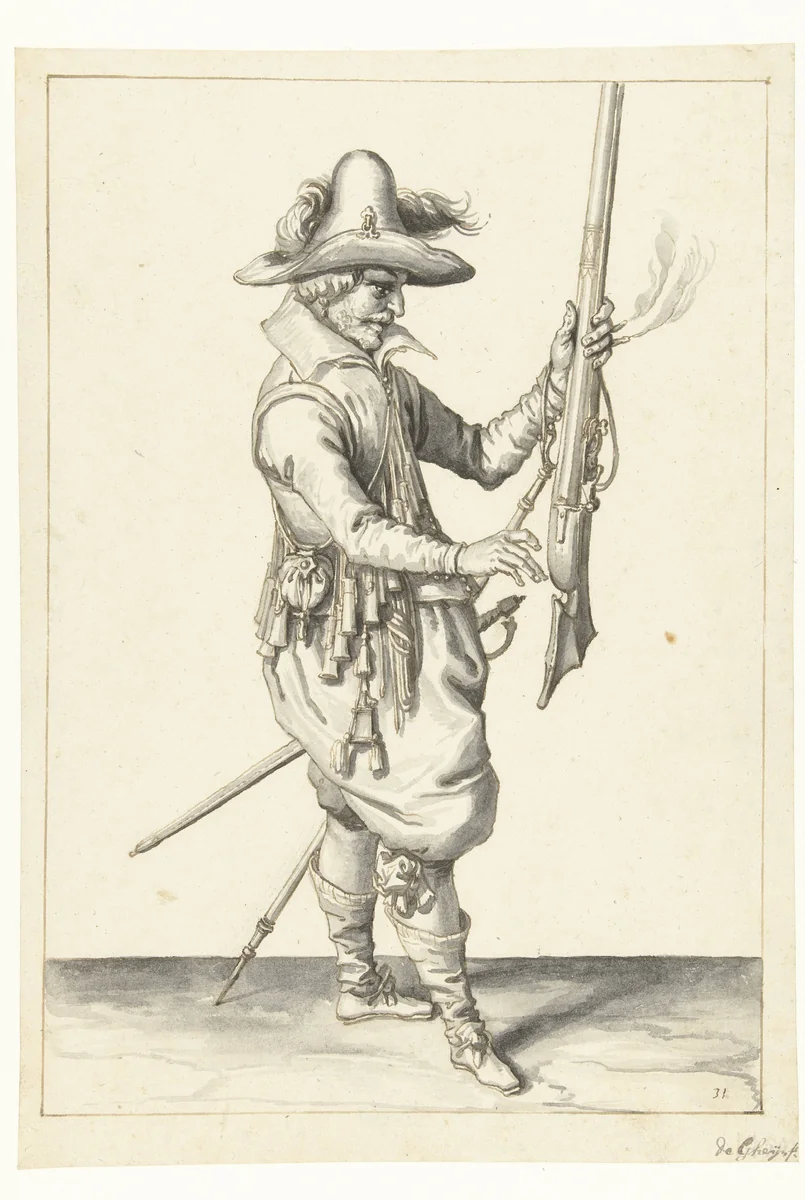 Soldaat die zijn musket met zijn linkerhand rechtop vasthoudt by Jacques de Gheyn, drawing, 1596-1606