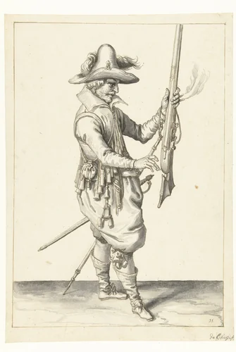 Soldaat die zijn musket met zijn linkerhand rechtop vasthoudt by Jacques de Gheyn, drawing, 1596-1606